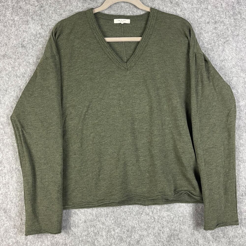 Rag Bone Top Womens Large Green V Neck Long Sleeve‎ Knit Stretch Minimal Casual